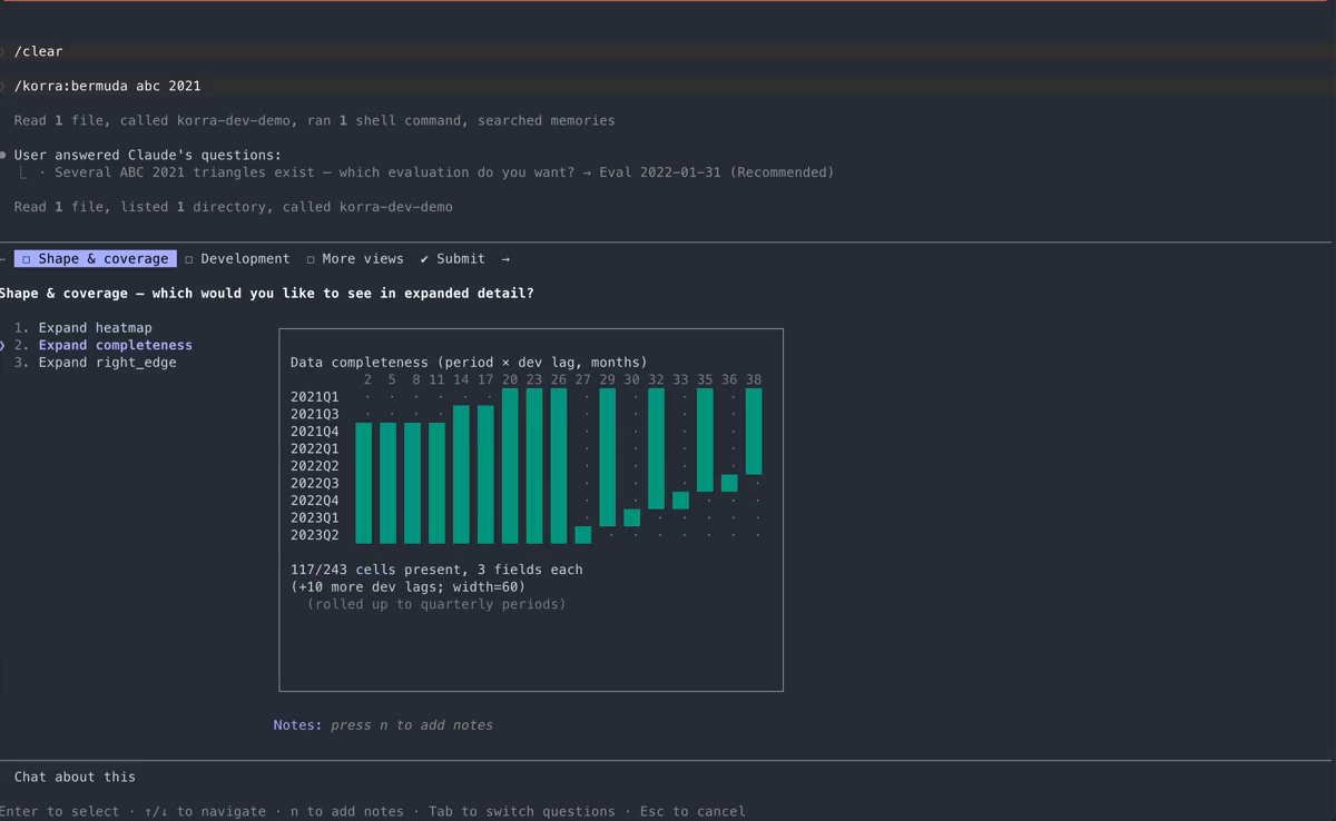 A Claude Code session showing a reinsurance loss triangle drawn in the terminal, with a tabbed drawer for choosing between chart views